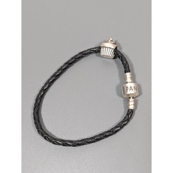 Pandora ALE 925 Black Leather Bracelet Cupcake Charm Birthday 14k Accent 6.5" - Picture 1 of 7